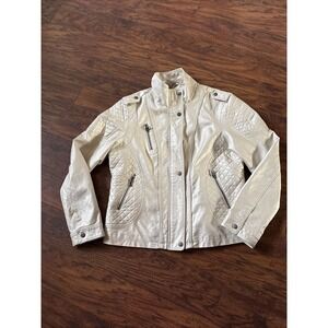 BKE Moto Jacket Womens Faux Leather Pocket Zipper Accents Biker Chick LG Cream